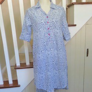 MELANGE Cotton Long Tunic Top - Pockets - Medium - Blue, White - Hi low Hem